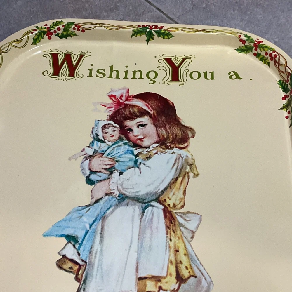 Vintage Christmas Tray with Girl and Doll